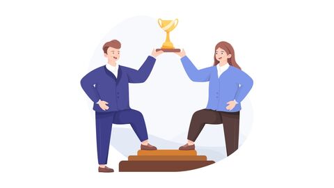 Nummer 1! Illustration: Zwei Menschen halten gemeinsam stolz einen Pokal nach oben