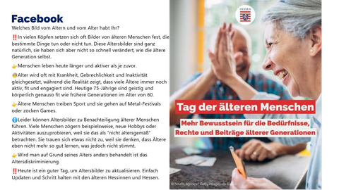 Rechteckige Fläche ist in 2 Bereiche unterteilt. Links steht der Inhalt des Facebook-Beitrags und rechts ist das passende Bild dazu.