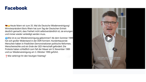 Rechteckige Fläche ist in 2 Bereiche unterteilt. Links steht der Inhalt des Facebook-Beitrags und rechts ist das passende Bild dazu.