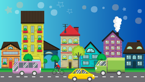 Illutration einer leicht befahrenen Straße mit Wohnhäusern