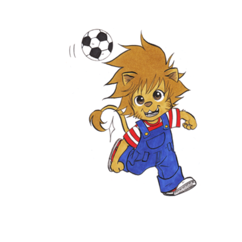Lenni kickt Löwen-Illustration: Lenni läuft lachend hinter einem hoch fliegenden Fußball her