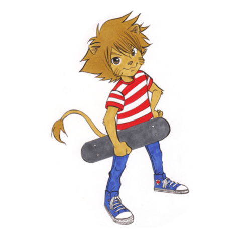 Leo mit Skateboard Löwen-Illustration: Leo hat ein Skateboard unterm Arm und grinst