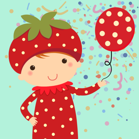 Lustiges Kinderkostüm für Fastnacht Illustraion: Ein als Erdbeere verkleidetes Kind steht lachend im Konfettiregen und hält einen Luftballon im Erdbeer-Look.