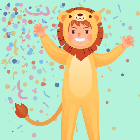 Auch der Hessenlöwe feiert Fastnacht Illustraion: Ein als Löwe verkleidetes Kind steht lachend im Konfettiregen
