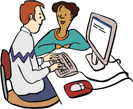 Assistent-Computer Ein Unterstützer sitzt am Computer. Eine Frau sagt ihm, was er schreiben soll.